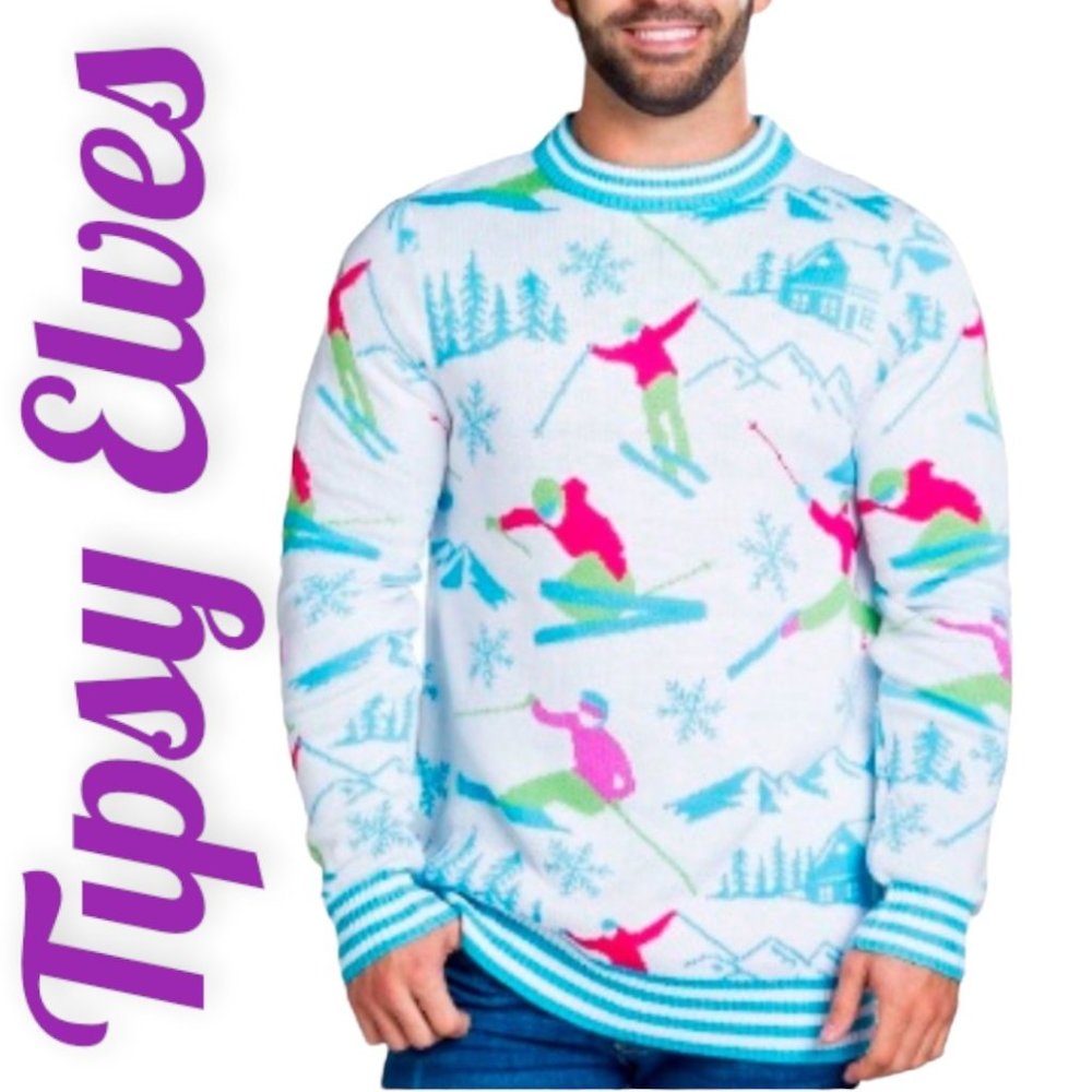 Tipsy Elves Tricks Mcgee 80s Inspired Ski Graphic Acrylic Sweater, Size Medium